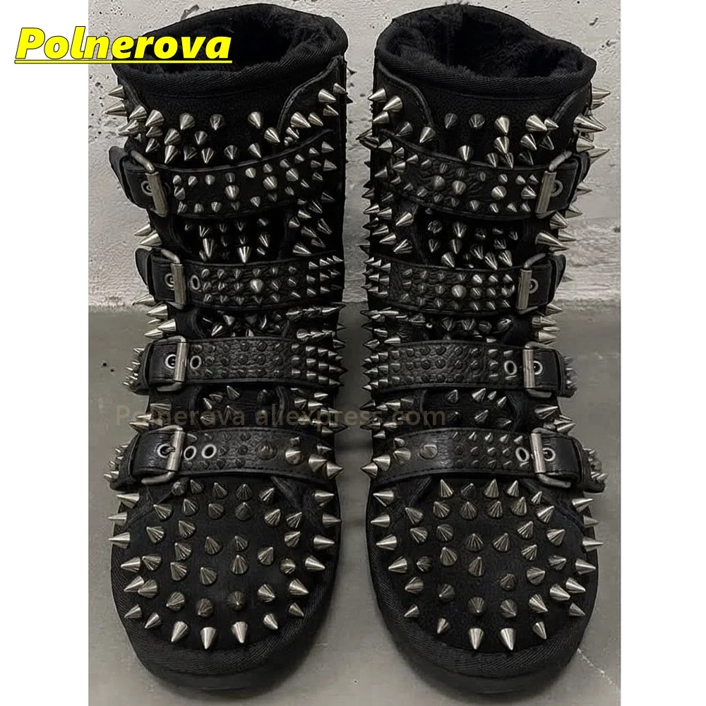 Women Pink Faux Suede Mid Calf Boots Metal Spikes Studs Multi Buckle Warm Furry Winter Snow Boots Punk Goth Street Style 2026