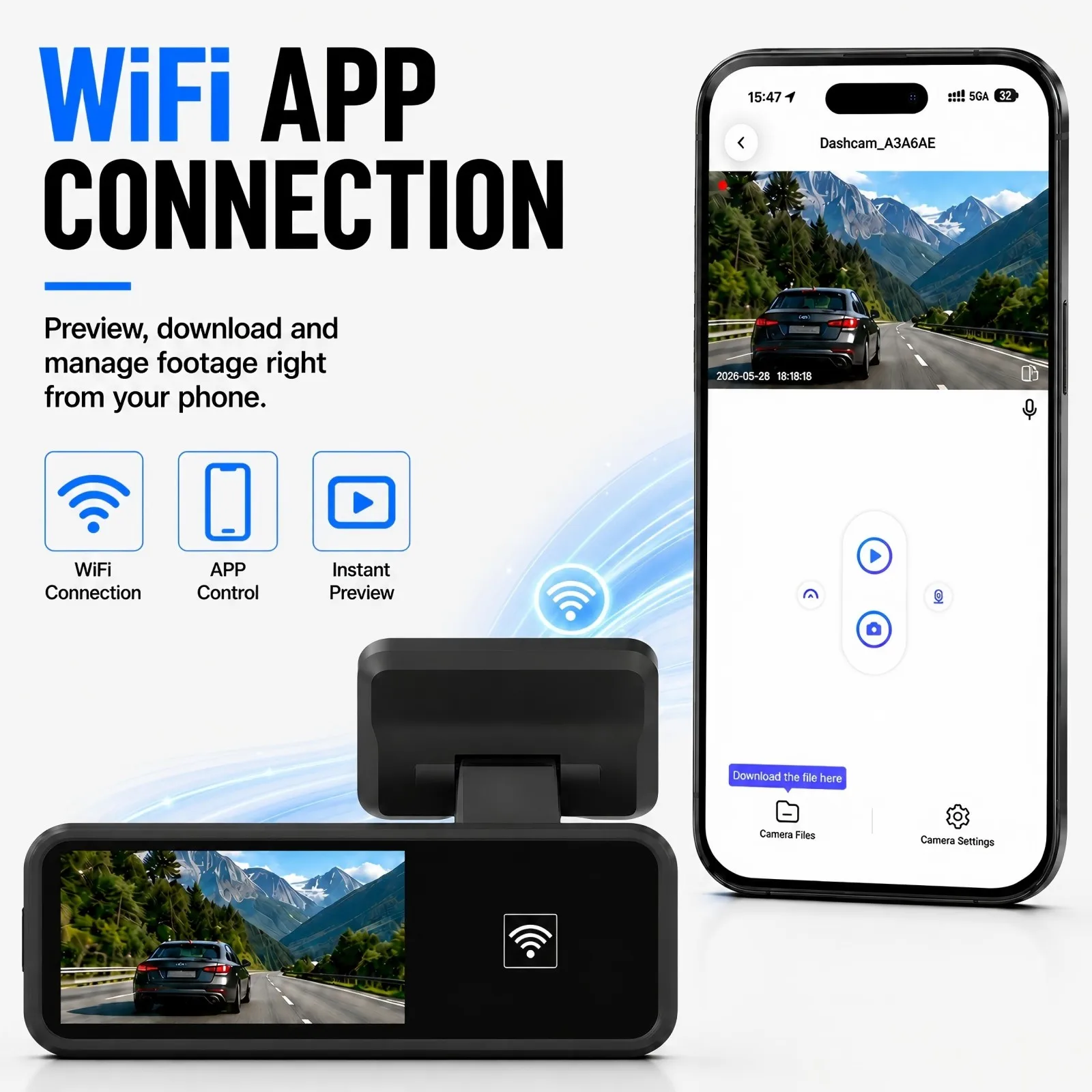 1296P Dash Cam for Car, with rear camera Driving Recorder WiFi App Connection and Loop Recording, G-Sensor, Night Vision WDR
