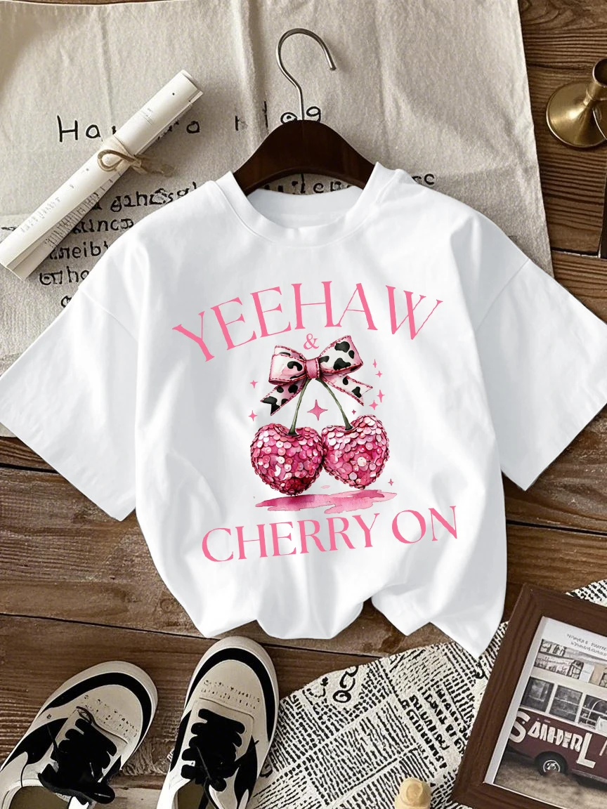 

Yeehaw женские футболки с розовым бантом и вишневым принтом, разноцветная одежда в стиле хип-хоп, универсальная хлопковая футболка, свободная летняя уличная одежда