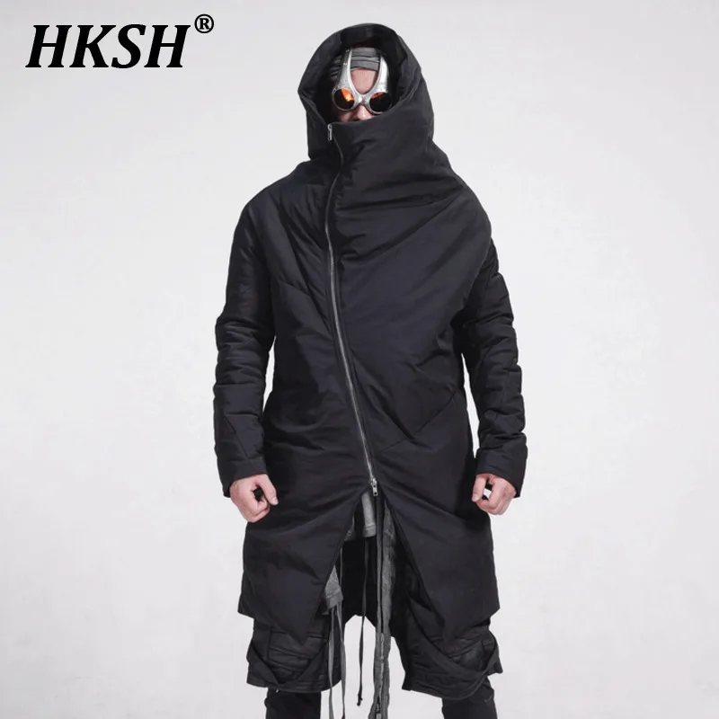 HKSH Waste Land Style Men\'s Tide Punk Asymmetric Deconstruction 3D Cutting Slim Hooded Warm Mid Length Down Coats Zipper HK2873