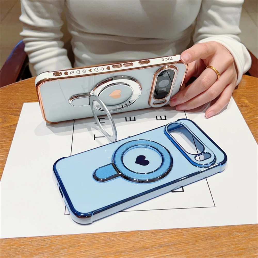 تصفيح سيليكون قوس الحالات الهاتف المغناطيسي لجوجل بكسل 10 9 8 برو XL 9 8 7 حالة الحب القلب حامل حامل MagSafe غطاء