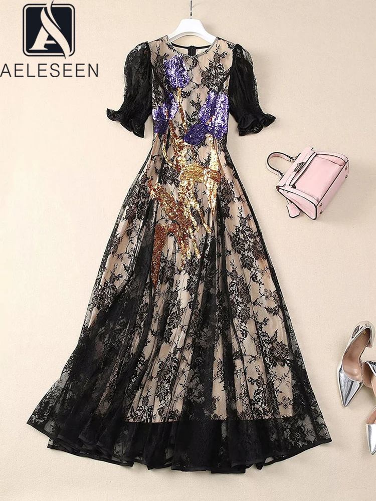 

AELESEEN Runway Fashion Lace Dress Women Spring Summer Slim Luxury Sequined Flower Embroidery Elegant Midi Party Vacation