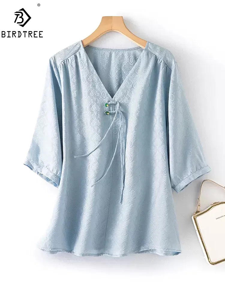 

BirdTree, 100%Real Silk Retro Shirt, Women Short Sleeve Stand Jacquard, Office Chinese Blouses, 2024 Spring Summer Tops T44042QM