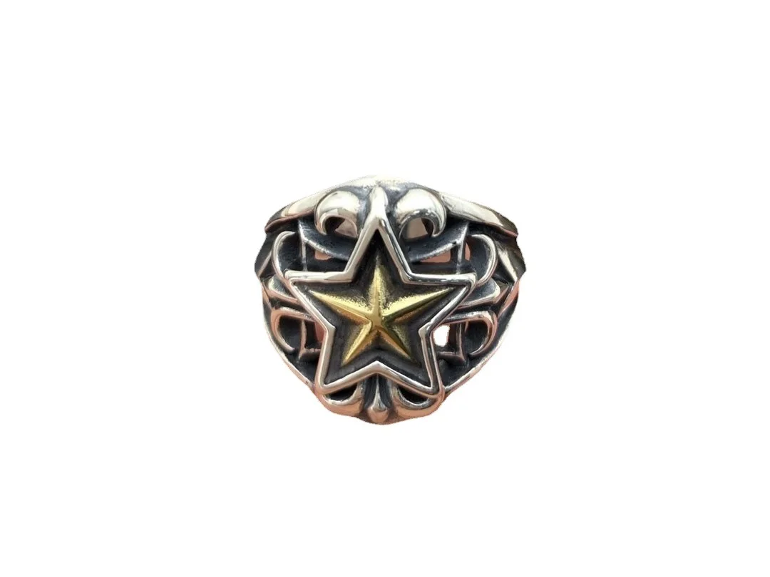 S925 sterling silver ring men's trendy exaggerated personalized five-pointed star takraw retro open hip hop ring food ring