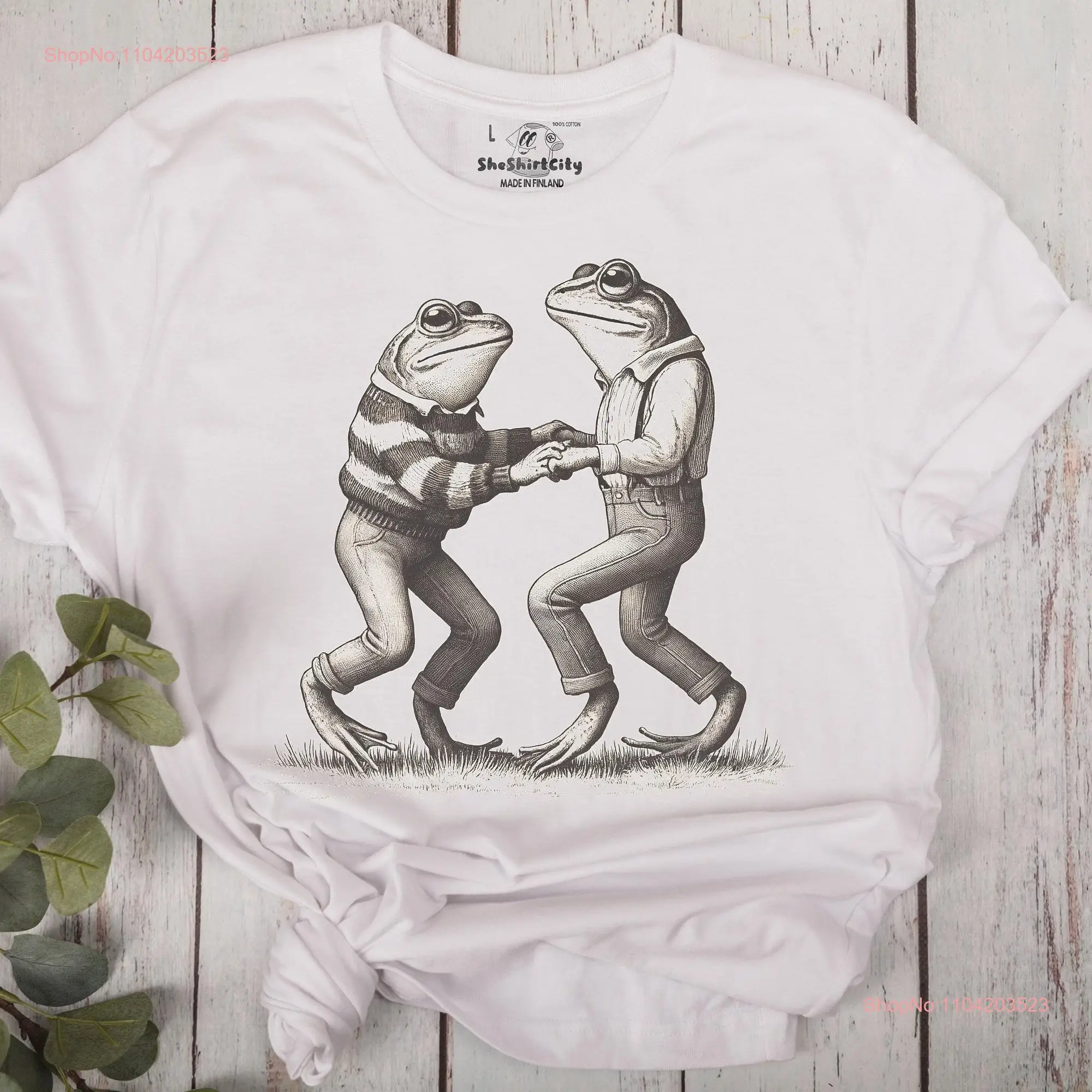 Vintage Dance Frolic Whimsical Engraved Frogs in Classic Attire T Shirt Frog Animal long or short sleeves