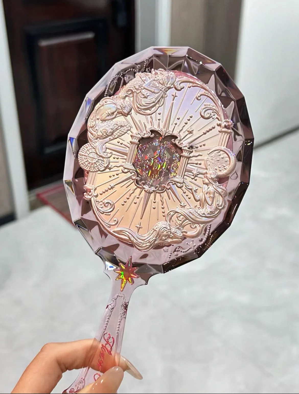 Flower Knows Moonlight Mermaid Exquisite Textured Crystal Hand Mirror Blue Pink Ladies Makeup Mirror