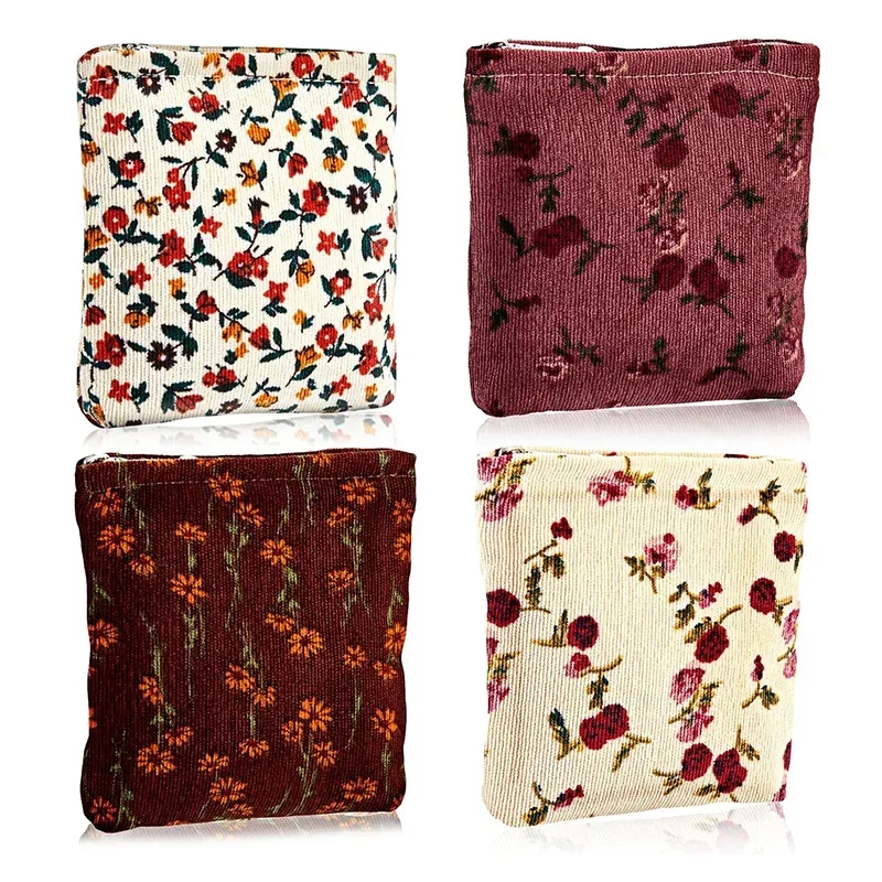 TUMBB001 4 Pcs Floral Makeup Bag Corduroy Cosmetic Bag with Zipper Portable Small Pouches