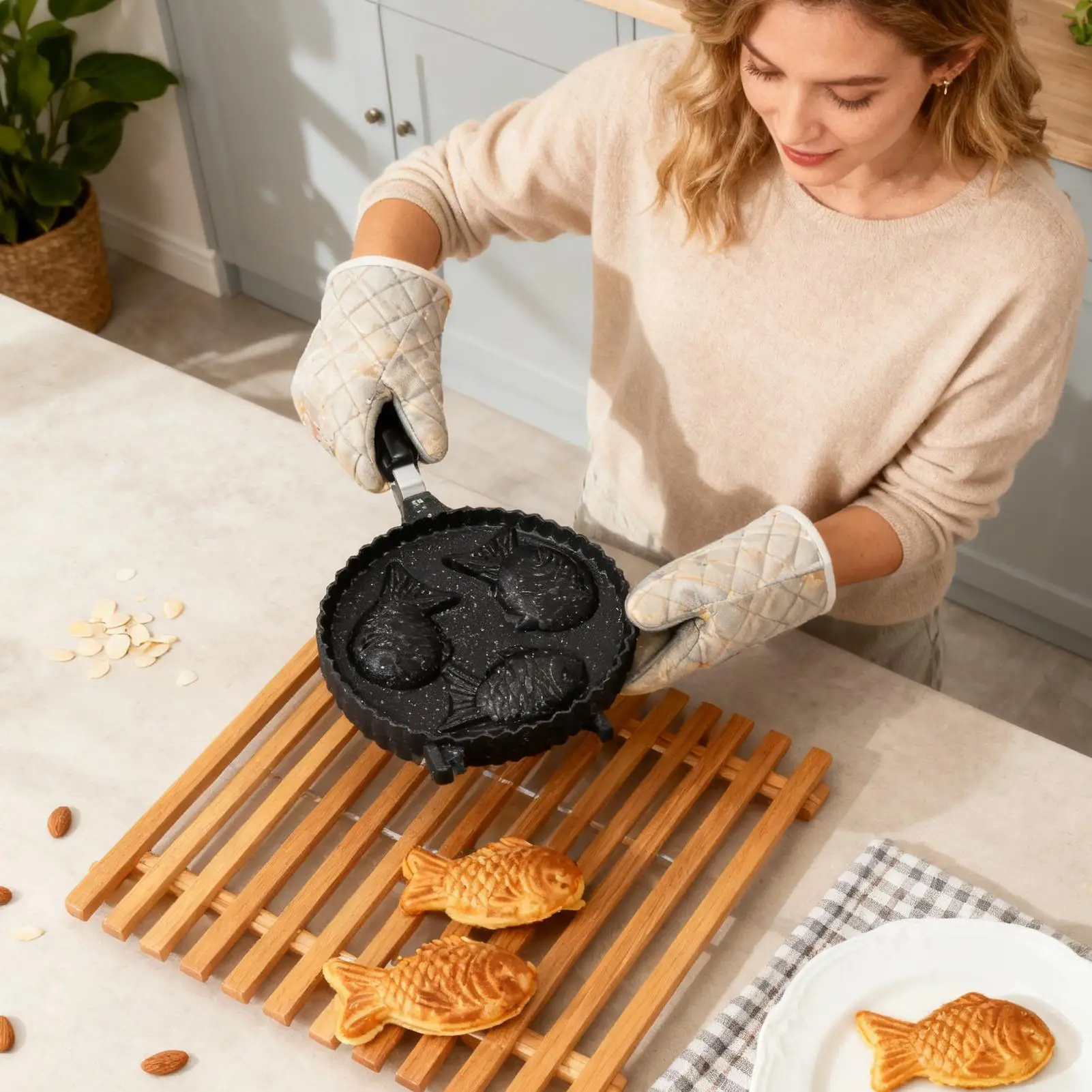 

Taiyaki Maker антипригарная алюминиевая форма с длинной ручкой Taiyaki в форме рыбы для торта для общественного грузовика для домашнего сбора для начинающих