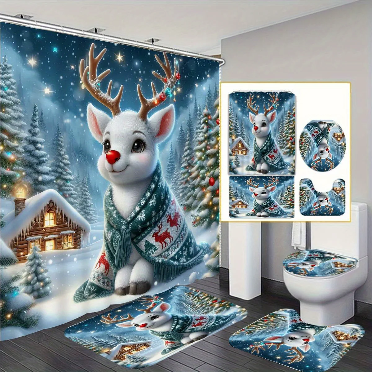 

Рождественские домашние животные, 4 шт., комплект зимних украшений для занавесок для душа, включает 12 крючков, водонепроницаемая занавеска для душа, нескользящий коврик для ванной