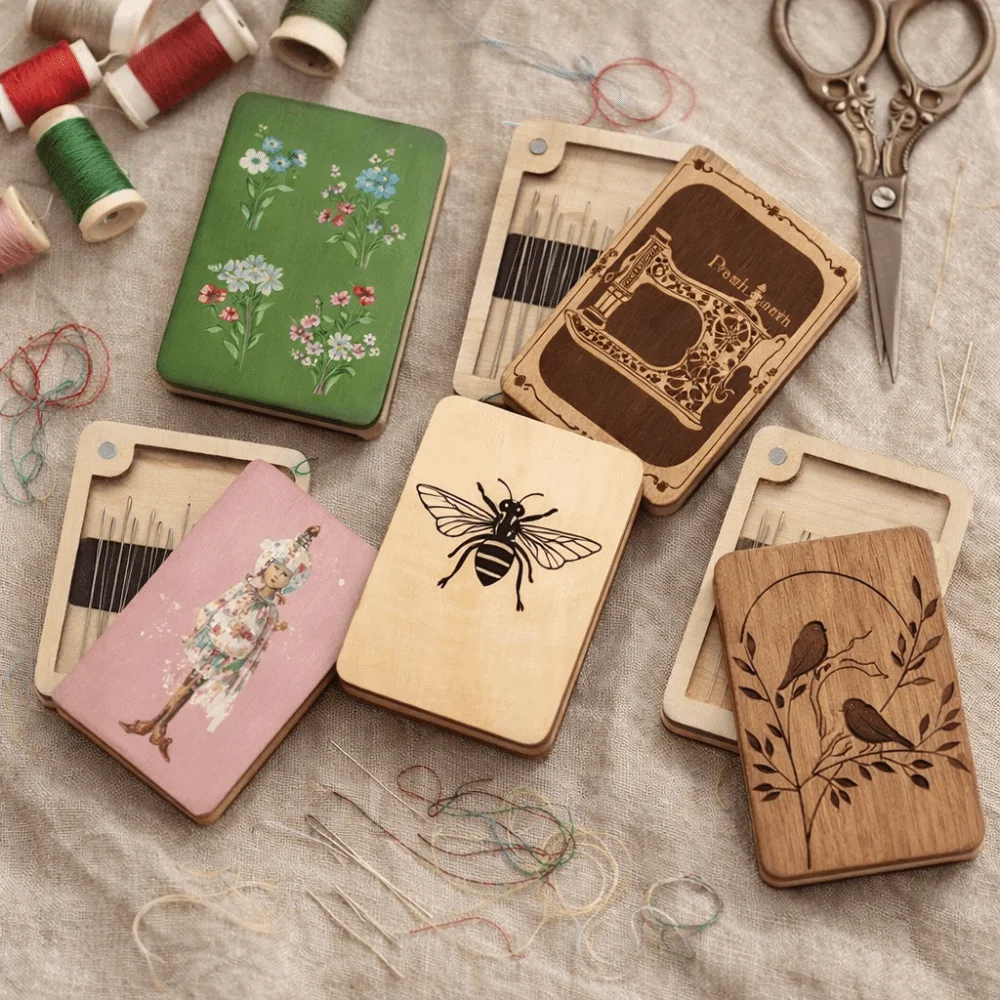 Wooden Material Wooden Magnetic Needle Box Turmeric Color Durable Construction Portable Storage Box Magnetic Feature