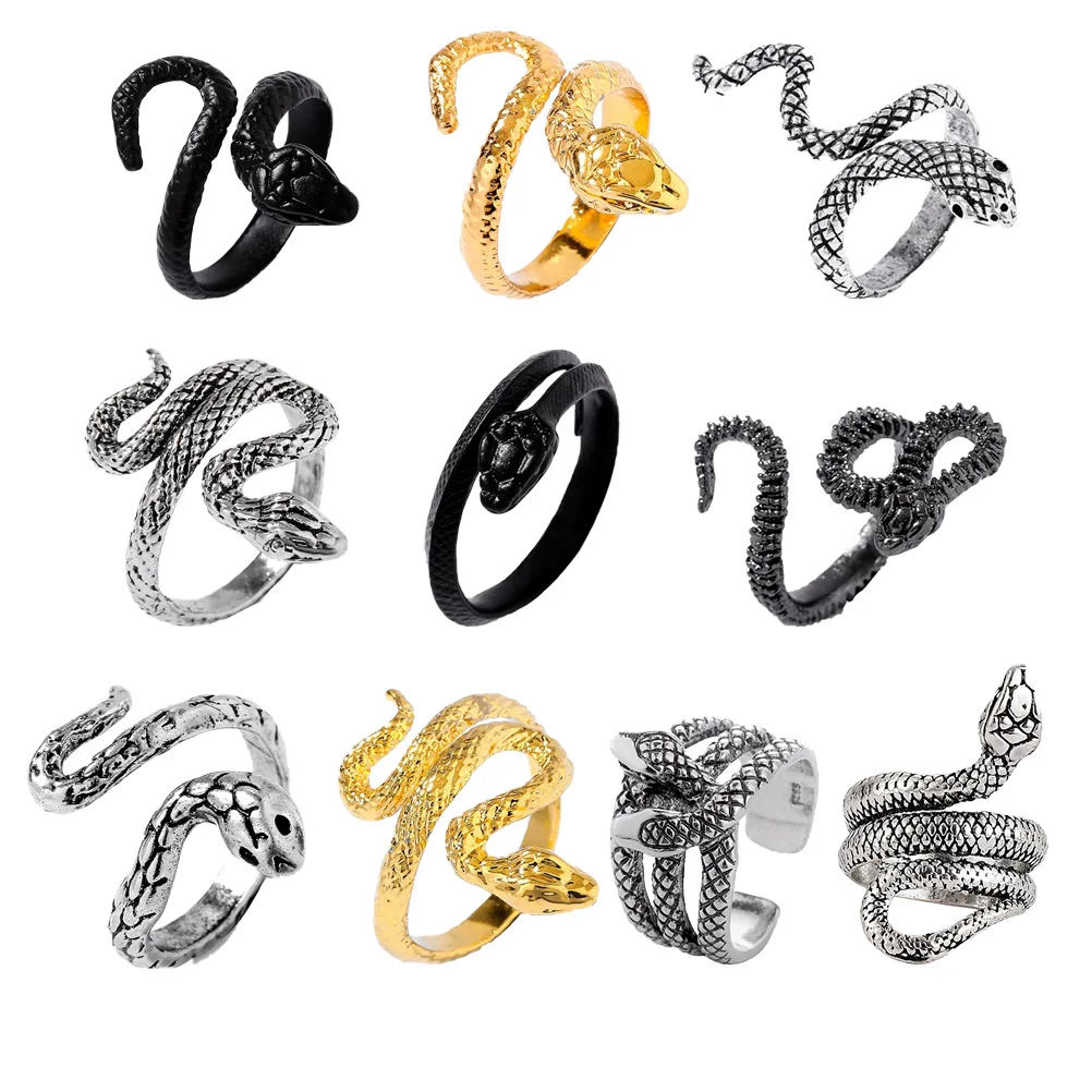 

10pcs Snake Shaped Rings High Quality Alloy Anti Rust Fashion Tail Decorative Punk Male Finger Jewelry Smooth Fit