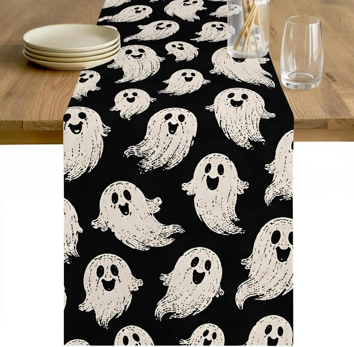 Halloween Horror Ghost Linen Table Runner Holiday Party Decor Reusable Kitchen Dining Table Runner Halloween Decorations