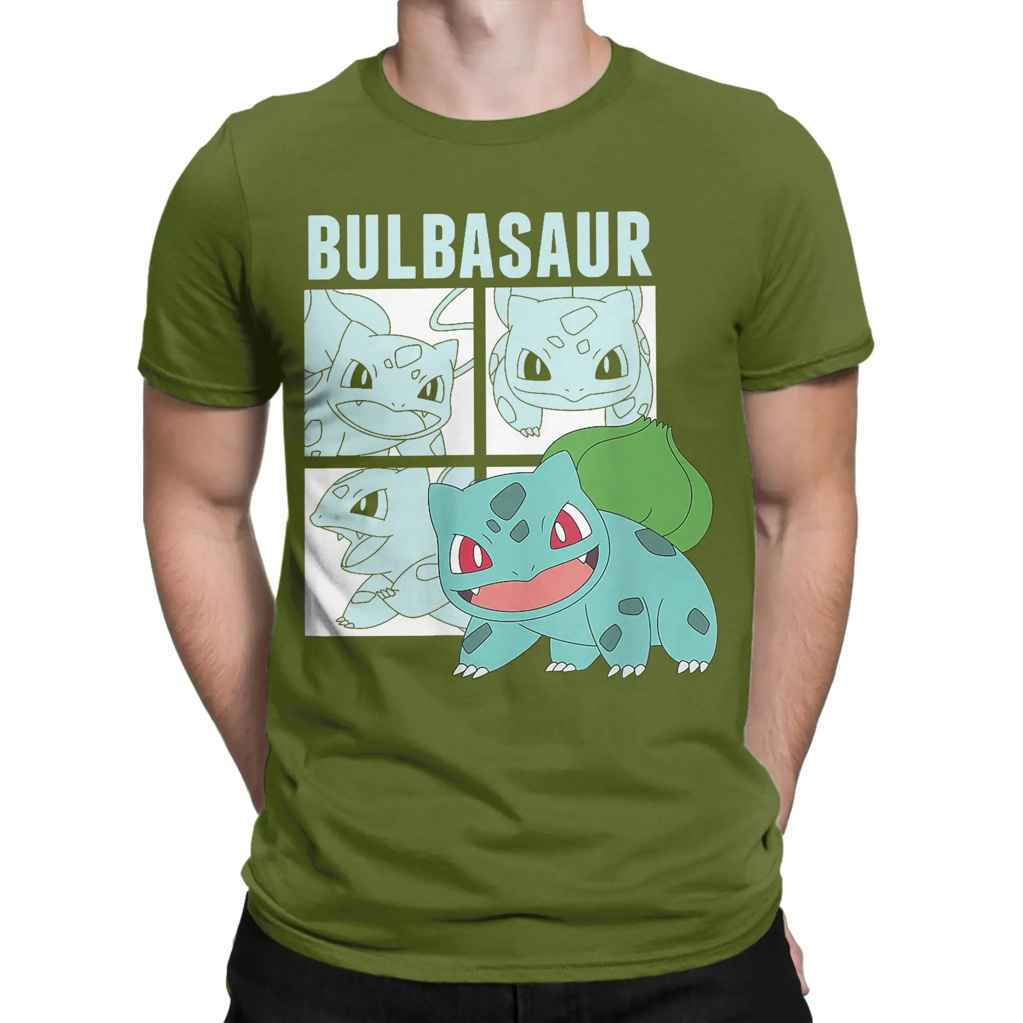 Pocket Monster Bulbasaur Squares T-Shirts for Men Women  Pure Cotton Tee Shirt Crewneck Short Sleeve T Shirts Party Clothing