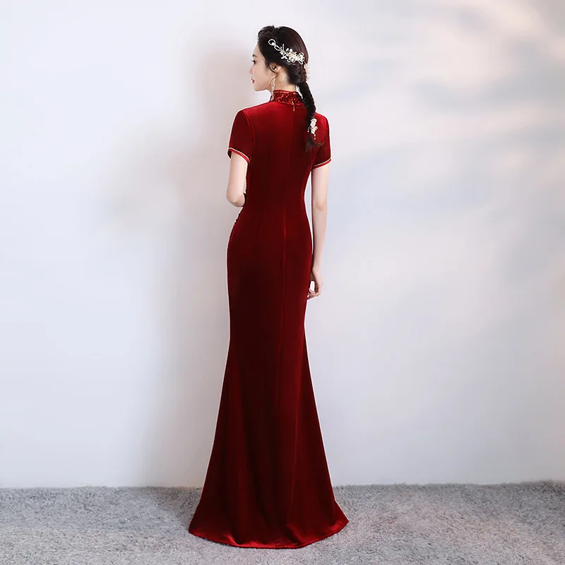 New Improved High-End Catwalk Cheongsam Costume Women's Long Fishtail Wine Red Velvet Slim Chinese Style