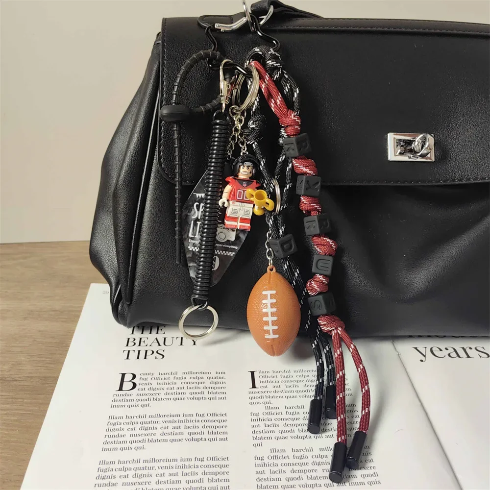 Rugby Player Building Block Keychain Acrylic Nameplate Hanging Decoration Miu Style Men's and Women's Bag Pendant