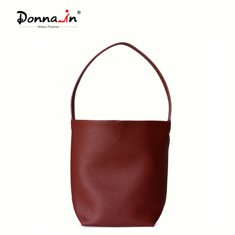 Donna-in Damska torba z prawdziwej skóry Naturalna krowa Wiadro na ramię Plus rozmiar Pełne ziarno Wino czerwone