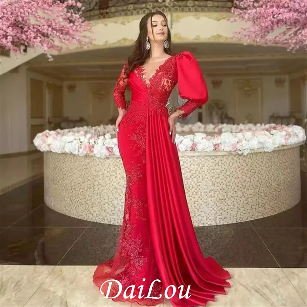 

Vintage Red Mermaid Evening Dresses Sexy V Neck Long Sleeve Appliques Lace Evening Prom Gowns Draped Train Formal Dress