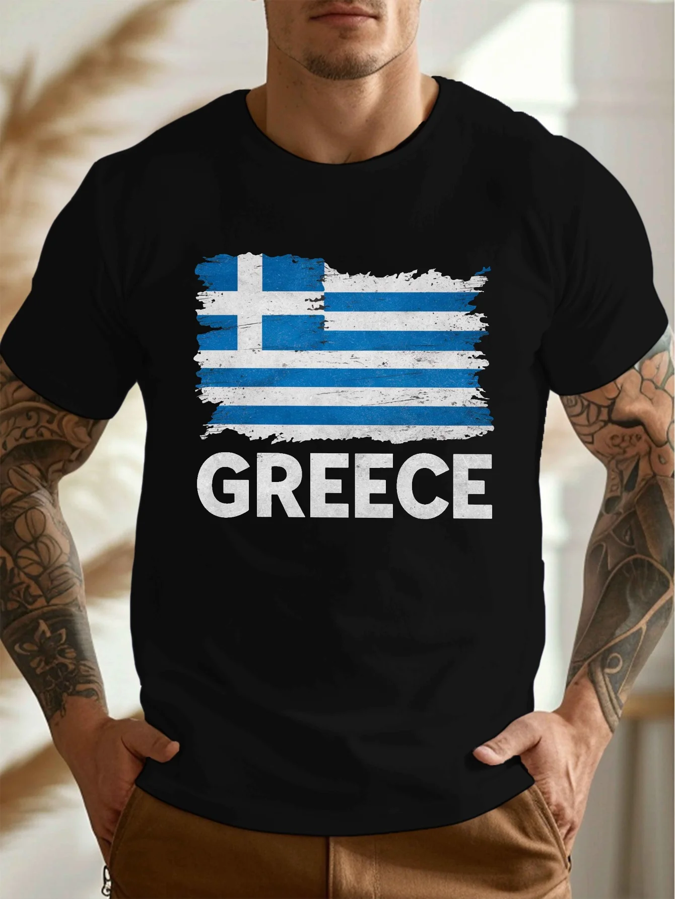 

Men's Plus Size Vintage Greek Flag Graphic T-Shirt - Casual Short Sleeve Summer Tee for Big & Tall, Cotton Blend, Black