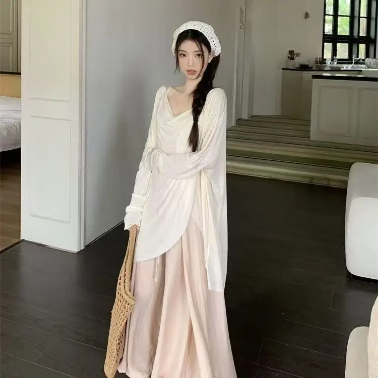 

Spring and Summer New Style Irregular Temperament Women's Sunscreen Cover Shirt Wide Leg Pants Skirt Two-piece Set