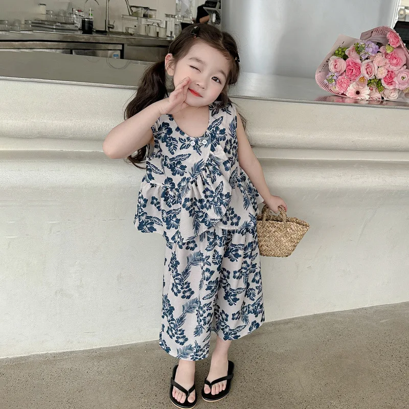 

Baby Girls Fashion Set Flower Print Sleeveless Loose T-shirt Tank Top + Casual Wide Leg Pants Summer Children's Girls Suit