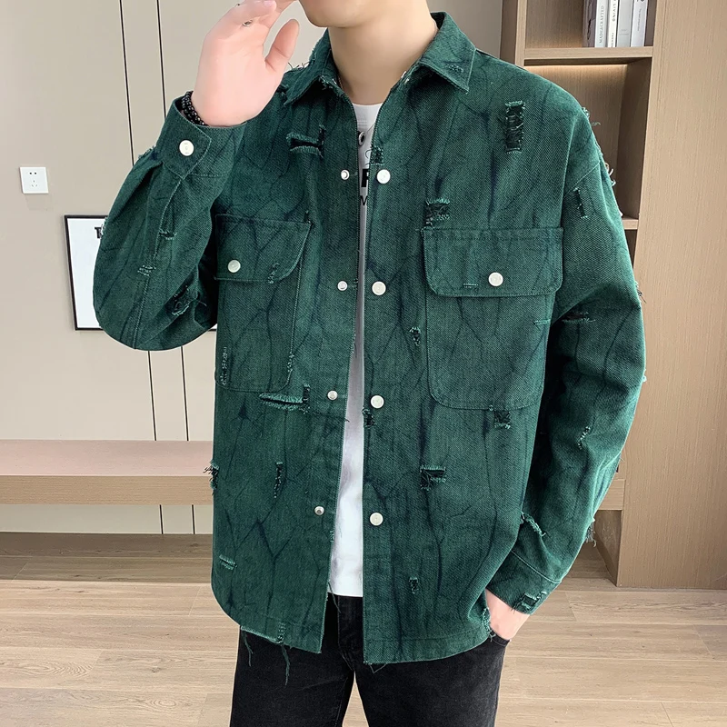 

Новая осенняя мужская повседневная джинсовая куртка свободного кроя, рабочая одежда, длинный рукав, застежка-молния, модная верхняя одежда для молодежи