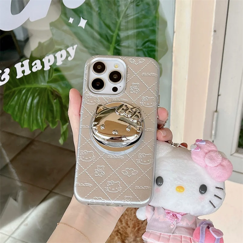 

Luxury Cute Hello Kitty Embossed KT Magsafe Wireless Charge Case For iPhone 13 14 15 16Pro Max Plating Silver KT Magnetic Holder