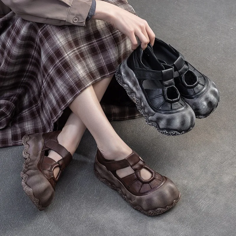 

Birkuir Retro Hollow Out Flat Platform Shoes For Women Hook Loop Thick Heel Big Head Genuine Leather Casual Hollow Out Shoes