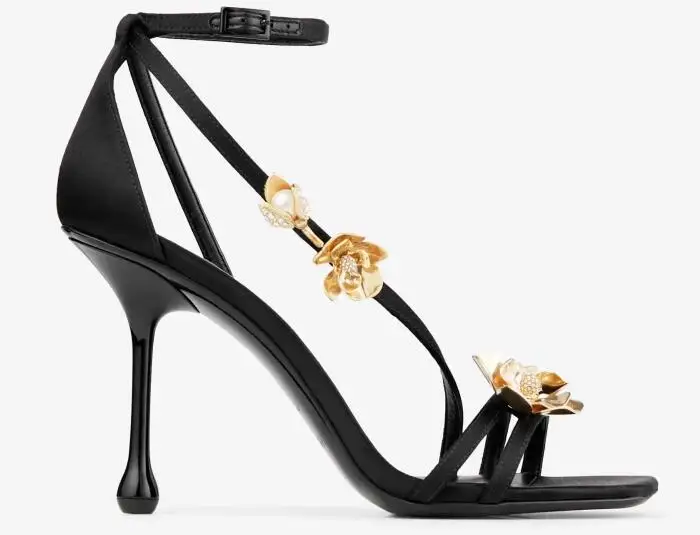 

Moraima Snc Gold Metal Flowers Decorations High Heel Sandals Sexy Open Toe Ankle Strap Gladiator Shoes Leather Strappy Heels