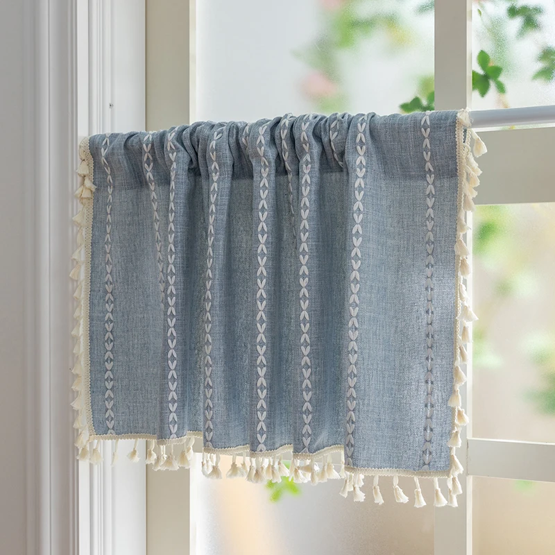 Rod Pocket Striped Embroidered Short Curtains Semi-Shading Curtain for Kitchen Bedroom Soft Skin-Friendly Fabric Window Drapes