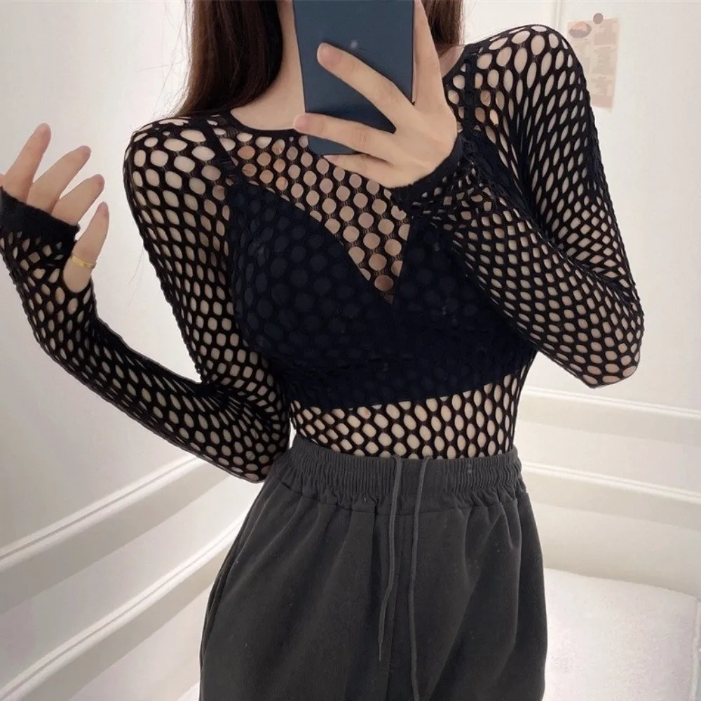 Summer Sexy Design Mesh T Shirt Sheer Material Hollow Out See Through Tee Black Color Soft Fabric Fishnet Top Turtleneck Design