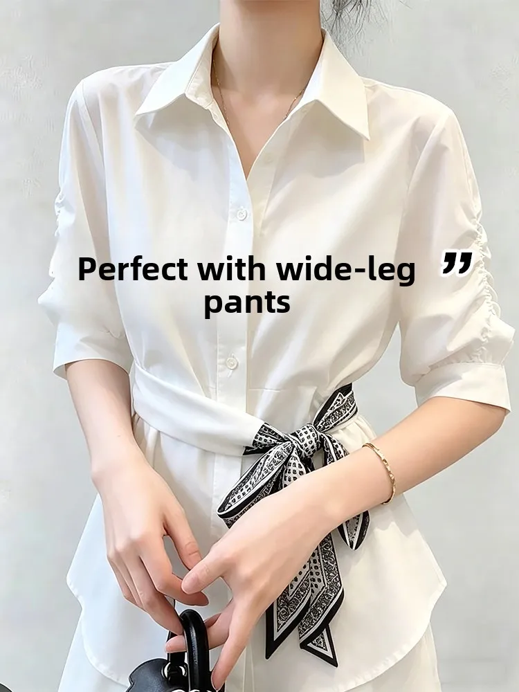 

White Bubble Short Sleeve Chiffon Shirt Women Summer Fashionage Knot Waist Cinch Elegance Silk Scarf Knot Top