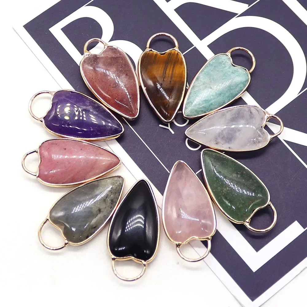 2pcs Exquisite Natural Stone Crystal Polished Heart-shaped Semi-Circular Hole Agate Edged Electroplated Pendant DIY Accessory