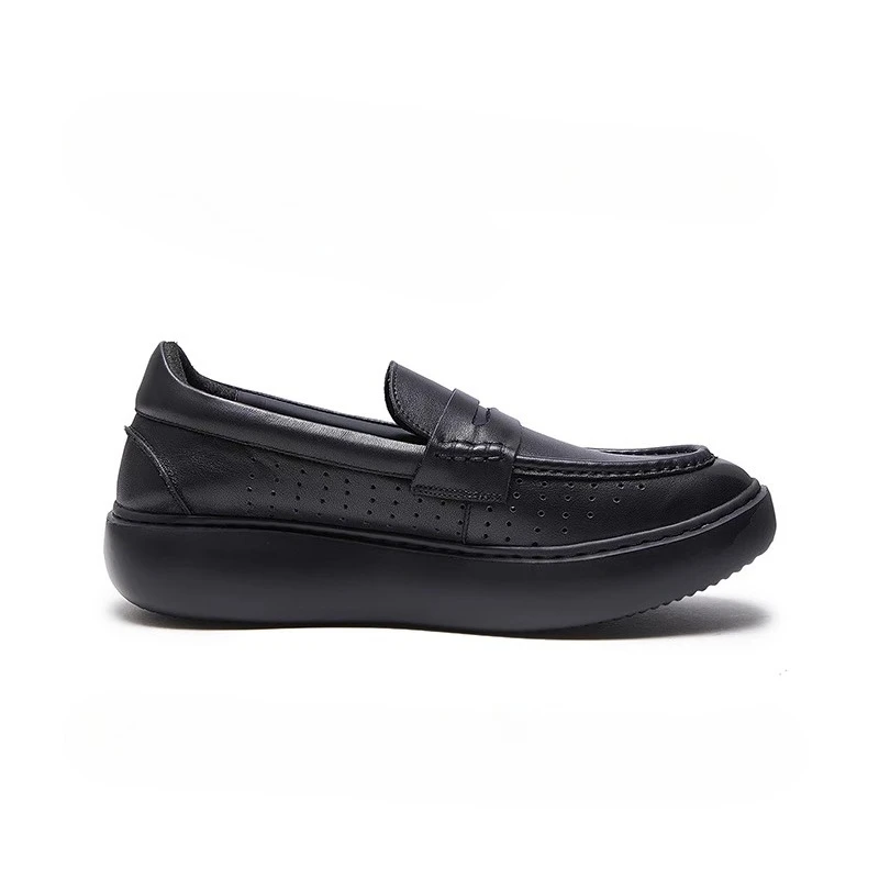 Summer Black Genuine Leather Hollow-out Breathable Casual Leather Shoes Men's Thick Soled Loafers Male Business Dress Platform