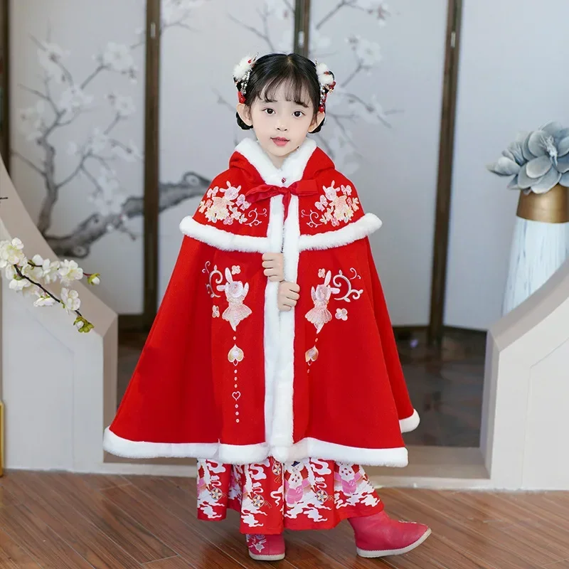 

Red Thick Overcoat Hanfu Hooded Cloak Cute Girl Winter Warm Windproof Cape Cartoon Kids Floral Embroidery Chinese New Year Gift