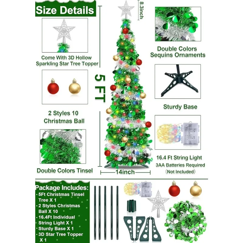 TURNMEON 5 Ft Pop Up Christmas Tree Dual Color Change Lights Ball Ornaments Star Sequin Green Tinsel Christmas Tree 8 Mode Timer