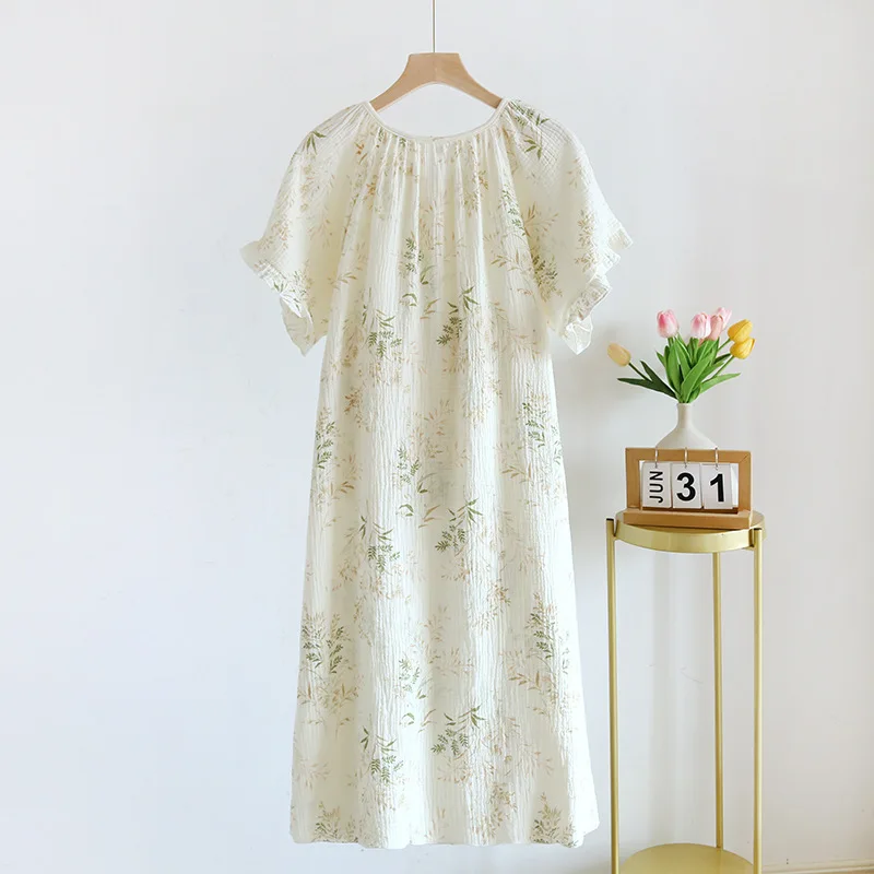 2026 New Women's Pajama Skirt 100% Pure Cotton Crepe Medium Length Short Sleeve Pajama Skirt Fragmented Flower Sweet Home Dress