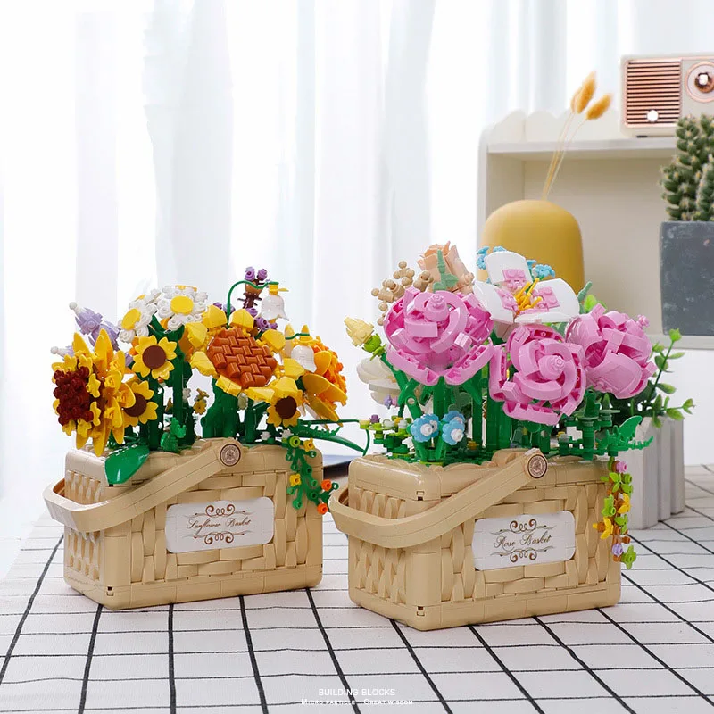 Home Furnishing Building Brick Sunflower Rose Mini Block Flower Basket Construction Educational Toys Collection For Girl Gifts