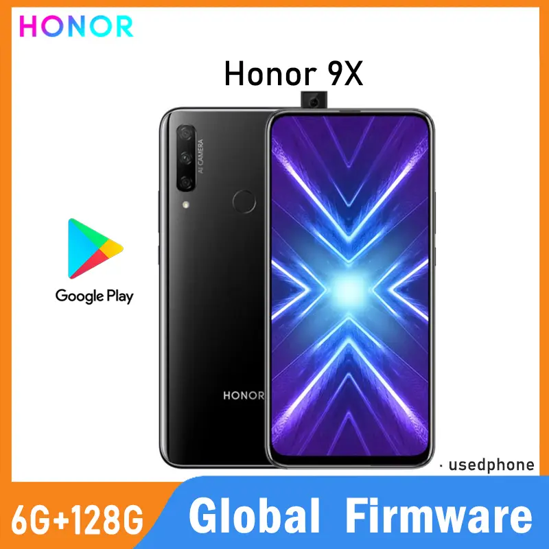 هاتف HONOR 9X مستعمل بنظام تشغيل عالمي، شاشة 6.59 بوصة، بطارية 4000 مللي أمبير، معالج Haisi Qilin 710F، واجهة EMUI 9.1، كاميرا 48 ميجابكسل