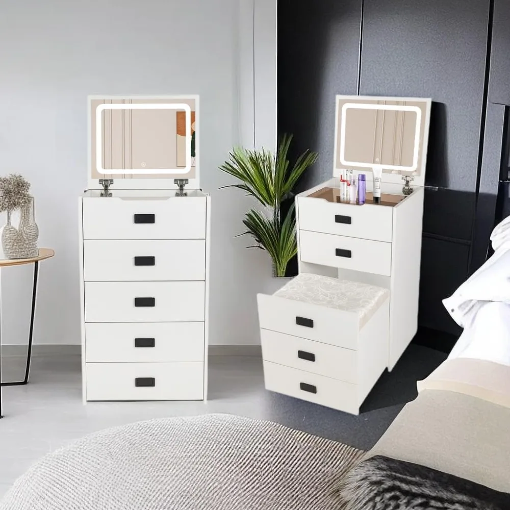 Dressing Table with Flip Mirror and Adjustable Lighting, Dressing Table with 4 Drawers, Storage Bench Bedroom Furniture