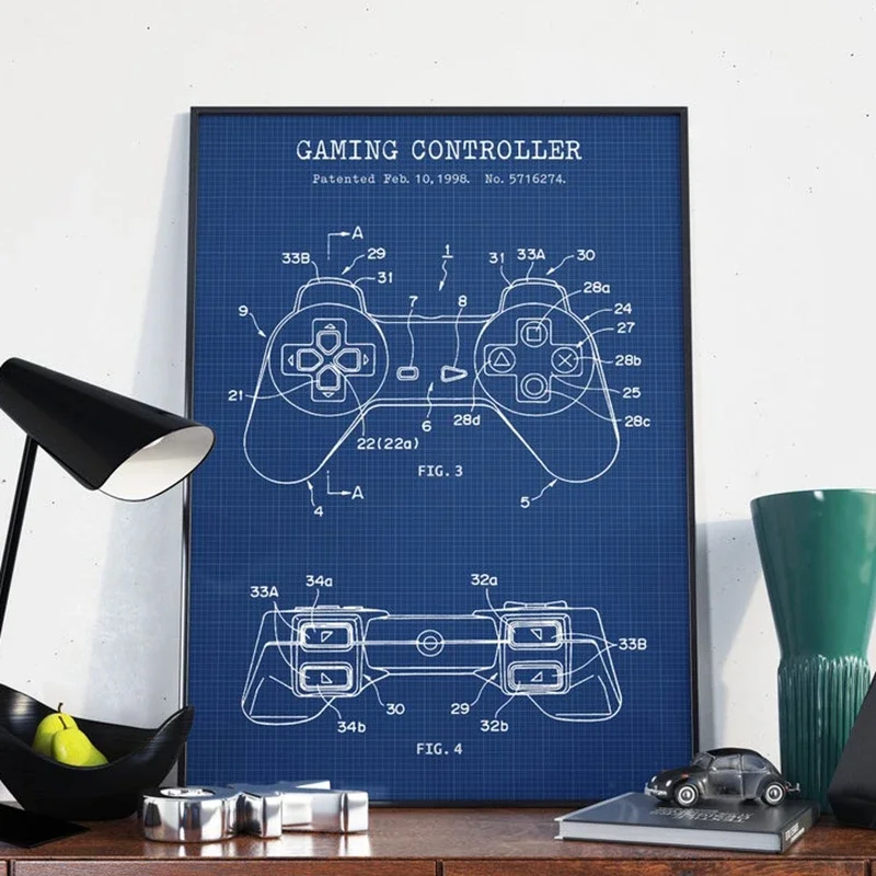 

Video Game Joystick Art Canvas Painting Picture Gaming Controller Blueprint Poster Patent Prints Gamer Gifts Room Decor Gamepad