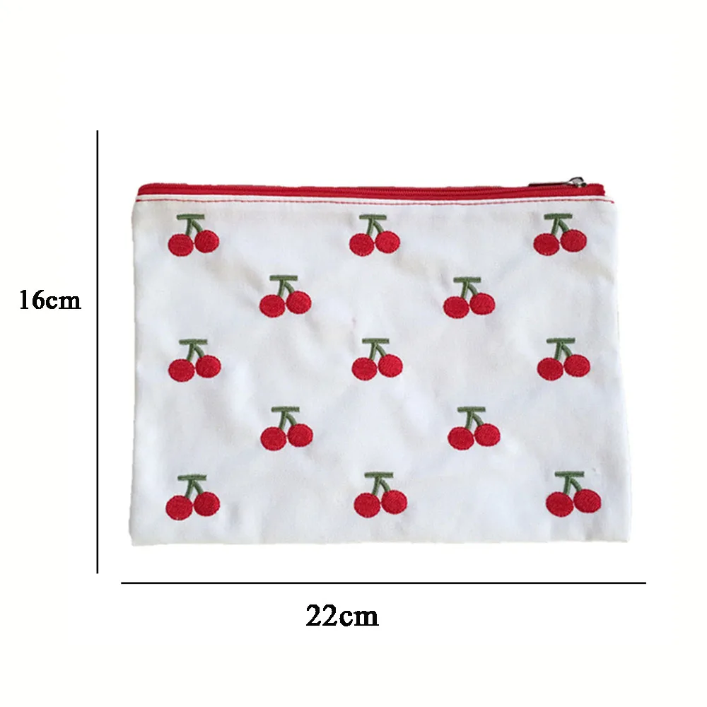 Cosmetic Bag Fashion Cartoon Cherry Embroidery Pencil Case Make Up Storage Pouch Student Stationery Bag