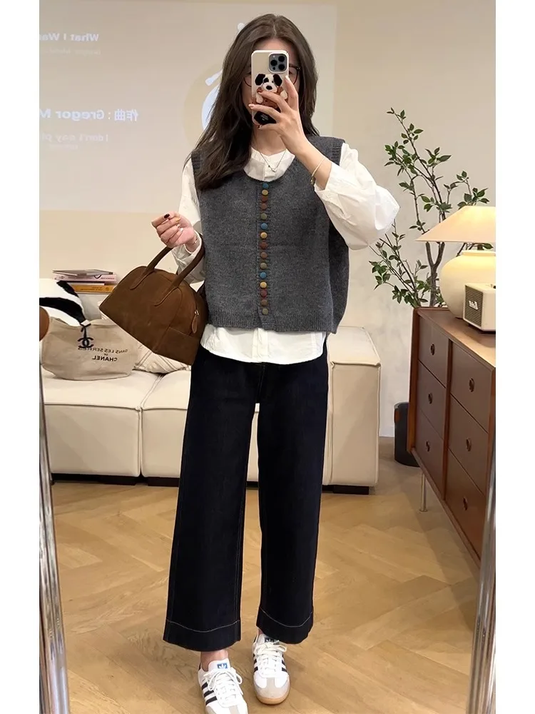 جينز نسائي عالي الخصر مستقيم الساق من قماش الدنيم مقاس كبير سروال مخفي Mea Pear Ape للتخسيس واسع الساق تسع نقاط #4