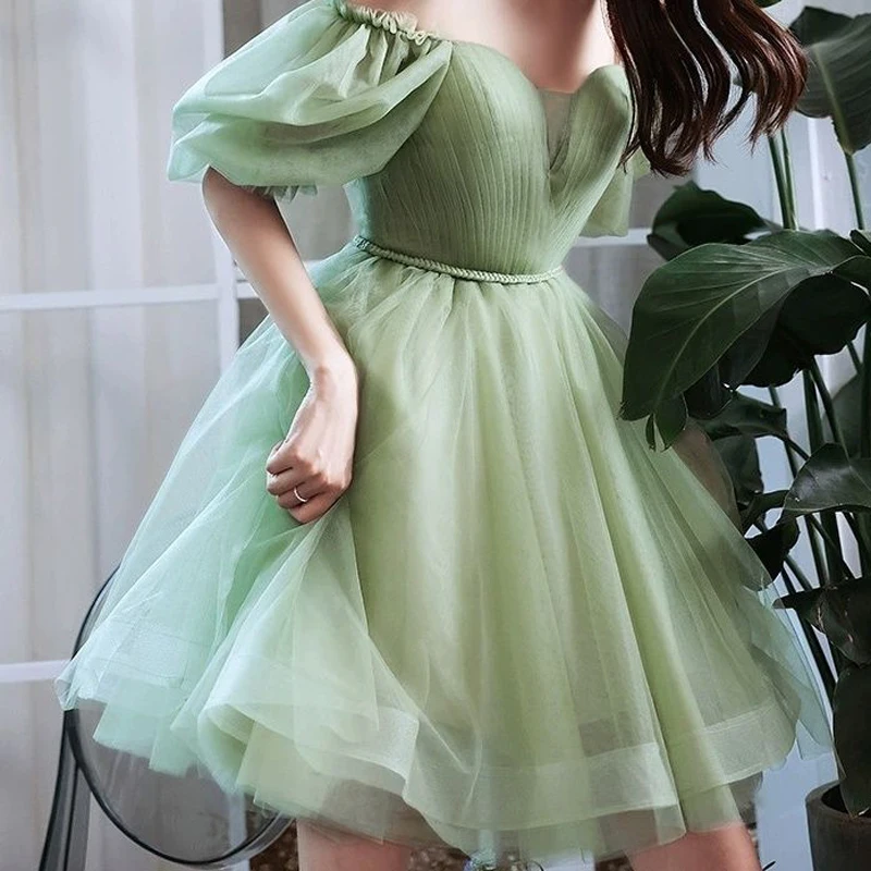 

Green Sweat Puff Sleeve Lady Girl Women Princess Bridesmaid Banquet Party Ball Prom Short Dress Gown Sexy Bandeau Backless Club