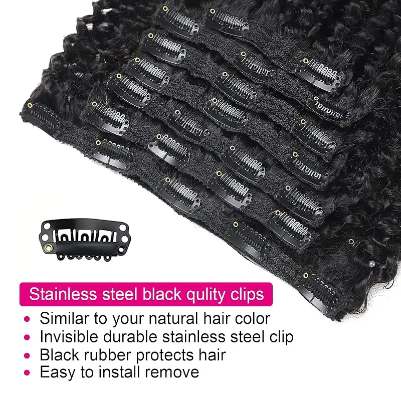 Kinky Curly Clip em extensões de cabelo, cabelo humano, trama dupla, Remy brasileiro, 18 clipes, 8pcs