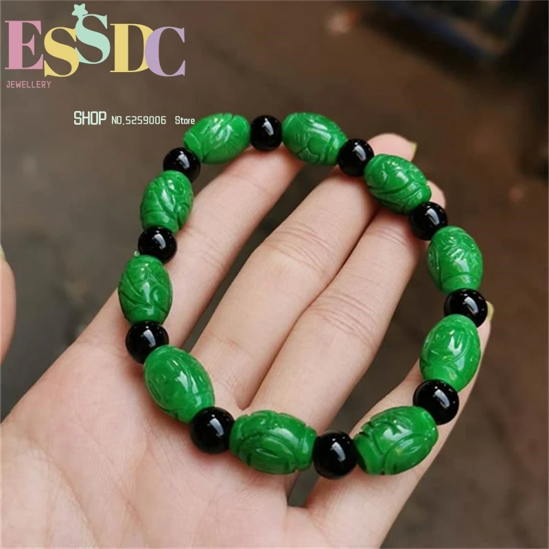 Natural Green Jade  Handcarved Beads  Gemstone Bracelet For Women Bangles Jelewery