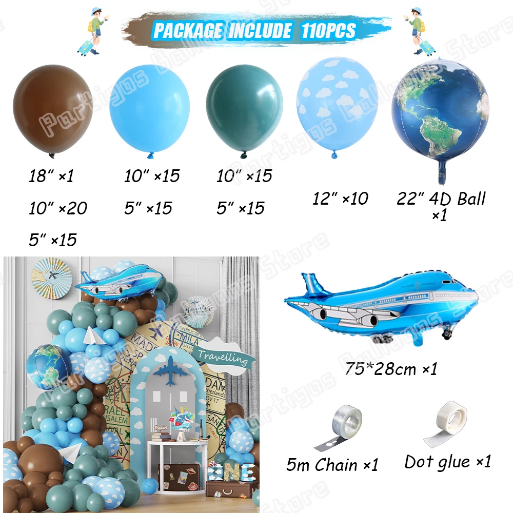 110Pcs Travel Party Balloon Arch Garland Kits 4D Earth Airplane Foil Balloon Time Flies Theme Wedding Birthday Baby Shower Decor