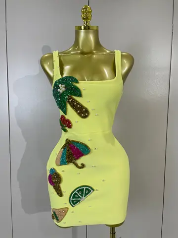Women Sexy Square Neck Sleeveless Bodycon Bandage Mini Dress Luxury Beaded Tropical Fruit Eveing Party Vacation NightClub Outfit
