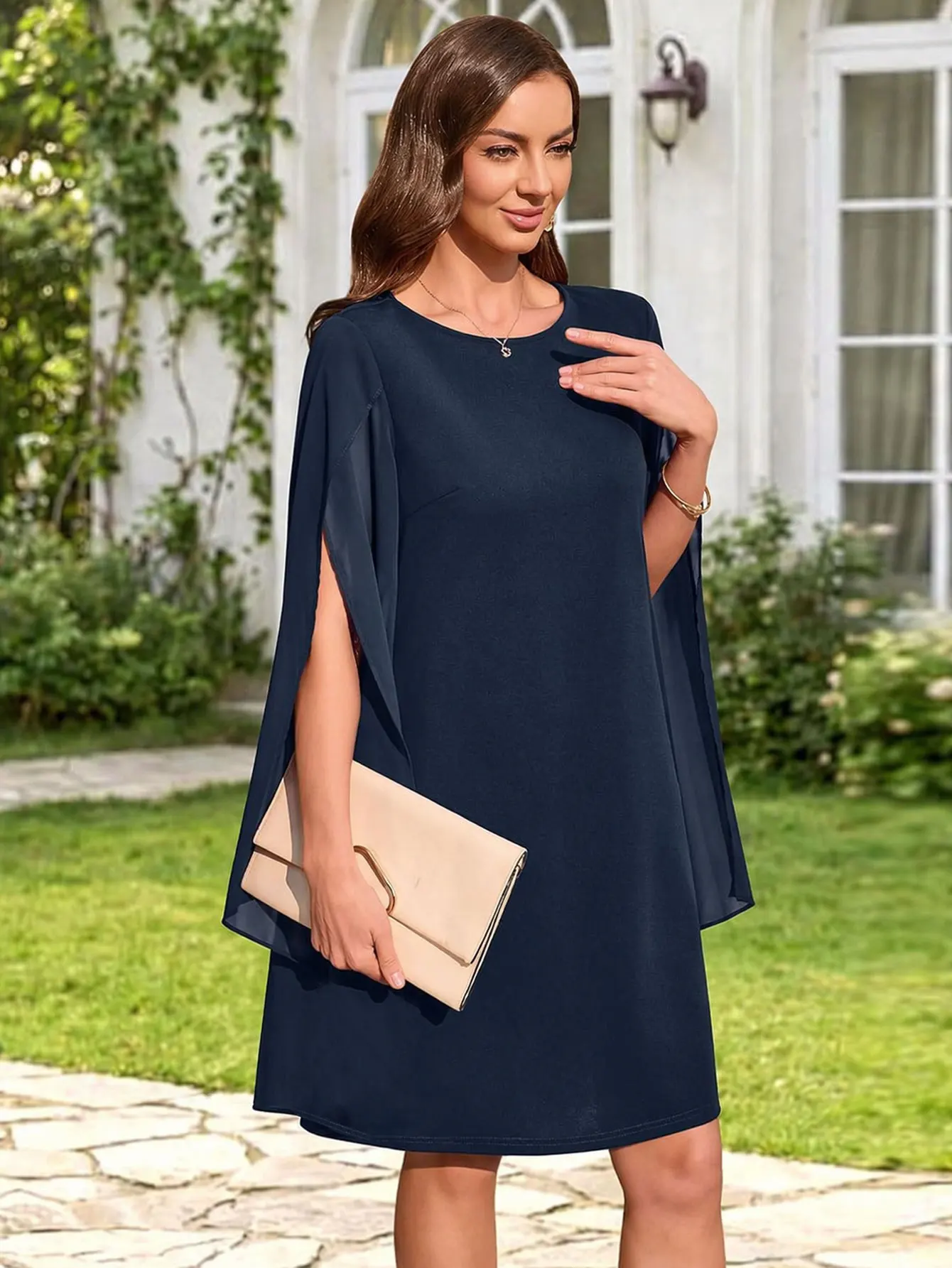 Damen-Kleid mit Rundhalsausschnitt, Schlitz und Schalärmeln, Knielang, A-Linie, Locker Sitzend, Einfarbig, für Abendveranstaltungen und Partys, Bolero-Kleid – Detail 5