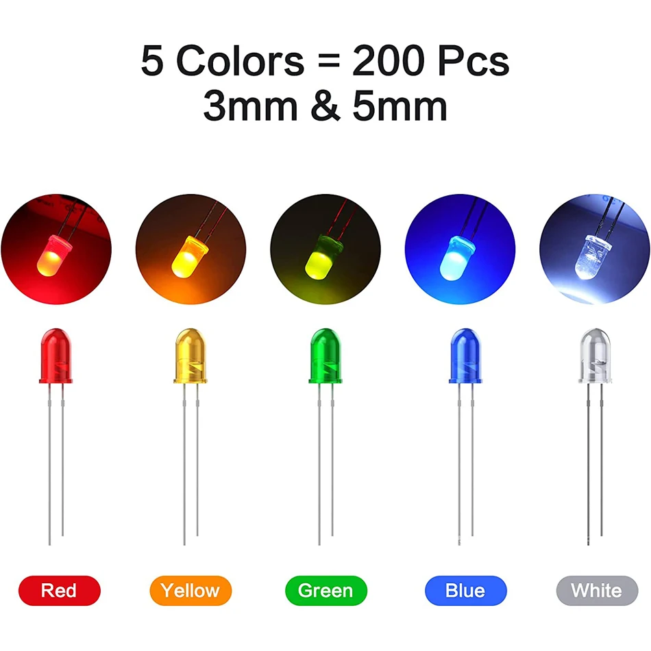 200 Pcs Led Diode, 3mm 5mm Clear LED Light Emitting Diodes Bulb LED Lamp Red Green Blue Yellow White, for Science Experiment