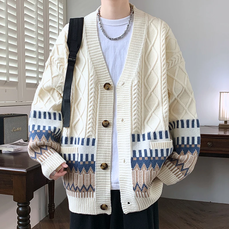 2025 Spring and Autumn New Khaki Black Knitted Cardigan Jacket V-neck Patchwork Casual Loose Dark Gray White Navy Blue Cardigan